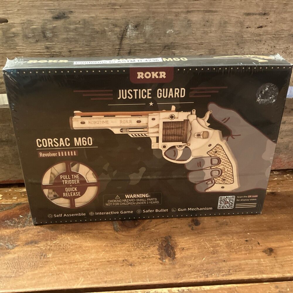 ROKR Justice Guard 3D Wooden Puzzle Corsac M60 Revolver Robotime Rubber Band Gun